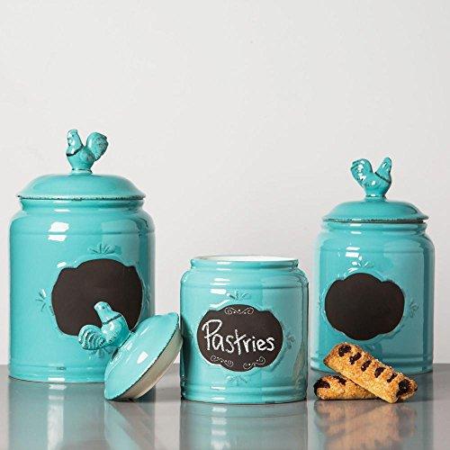 Ceramic Aqua Jar with Lid With Chalkboard With Rooster Finial Lid