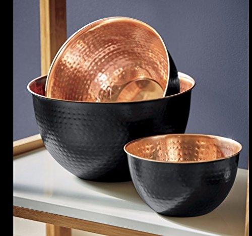 Set Of 3 Piece Hammered Copper Plated Stackable Mixing Bowls, Storage Bowl Set, Hammered Mixing Bowls Black Matte With Copper Interior - Le'raze by G&L Decor Inc
