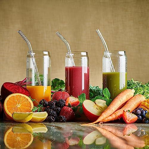 Set of 6 Ribbed Can Shaped Glass Cups with Glass Straws - 16oz Can Glass Drinking Glasses, Iced Coffee & Ice Tea Glasses, Clear Kitchen Tumbler Cup Cocktail Glass for Soda, Kiddush Cups & Sets - Le'raze by G&L Decor Inc