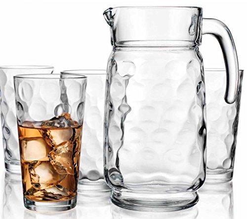 Elegant 5 Piece Entertainment Set – Carafe Water Pitcher – Four Highball Glasses – Stunning Ring Design – Premier Quality Glass – Decorative Drink Set - Le'raze by G&L Decor Inc