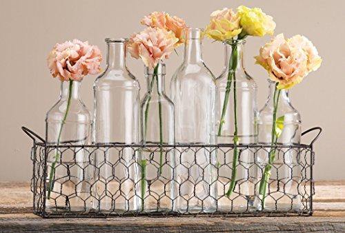 Le'raze 7 Peace Clear Bottle Vases in Chicken Wire Basket, for Flowers,Drinks, Rectangle Decorative Metal Basket with Six Glass Bottles - Le'raze by G&L Decor Inc