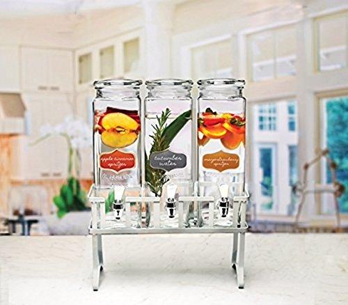 Set of 3 Tall Square Mason Glass Beverage Drink Dispenser with Glass Lid, Chilled Beverage Server with White Rack with Metallic Red, Silver and Copper Yorkshire Panels, Elegant Party Centerpiece - Le'raze by G&L Decor Inc