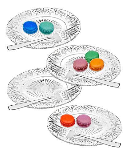 Crystal Desert Plates, Canape Plates with Forks for Appetizer, Desert, Fruit, Salad and Cake, Set of 4 Clear Glass Plates - Le'raze by G&L Decor Inc