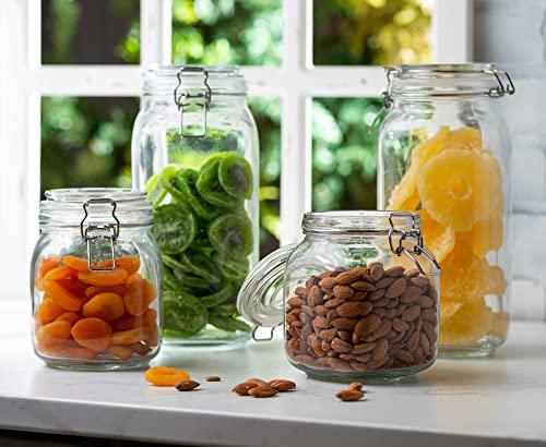 Glass Food Storage Jars with Airtight Lids - 4 Pack Square Mason Jars Kitchen Canisters, Cookie Jar with Clamp Lid, 2-78oz, 2-34oz + Chalkboard & Marker, Flour, Sugar, Coffee, Cereal, Pasta, Canning - Le'raze by G&L Decor Inc