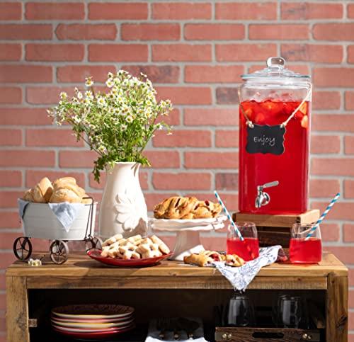 2 Gallon Beverage Serveware with Stainless Steel Spigot + Marker & Chalkboard 100% Leakproof Glass Drink Dispenser for Parties with Spout, Airtight Beverage Dispenser for Water Juice Laundry - Le'raze by G&L Decor Inc