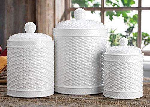 Durable Set of Three Square White Ceramic Canisters with Lids ~ for Kitchen or Bathroom, Food, Cookie, Cracker, Storage Containers, EMBOSSED BASKET WEAVE CANISTERS - Le'raze by G&L Decor Inc