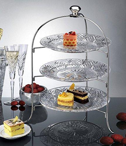3 Tier Round Serving Platter, Three Tiered Cake Tray Stand, Food Server Display Plate Rack, Crystal Clear, with Silver Stand, Dessert Server Stand/Cupcake Tower/Appetizer Serving Tray - Le'raze by G&L Decor Inc