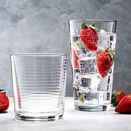 Le'raze Set of 8 Heavy Base Ribbed Durable Drinking Glasses Includes 4 Cooler Glasses (17oz) and 4 Rocks Glasses (13oz), Clear Glass Cups - Elegant Glassware Set - Le'raze by G&L Decor Inc