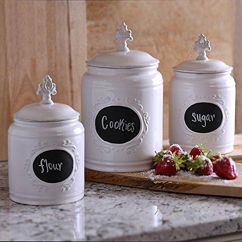 Ceramic White Jar with Lid With Chalkboard With Medallion Finial Lid, Small Canister 84 Oz, Classic Vintage Design for Flour, Sugar, Cookies - Le'raze by G&L Decor Inc