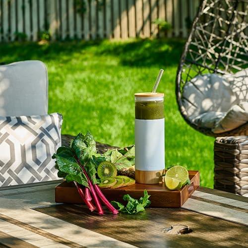 Premium 20oz Glass Tumbler Cup with Straw and Bamboo Lid & Base with Protective Silicone Sleeve - BPA Free - Growler Water Bottle Reusable Drinking Glasses Cup for Iced Tea, Coffee, Smoothie - White - Le'raze by G&L Decor Inc