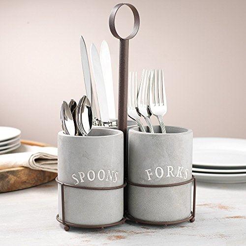 Concrete Cement Utensil Caddy Set | Includes (3) Cement Covered Ceramic Utensil Holders & Metal Wire Frame - Le'raze by G&L Decor Inc