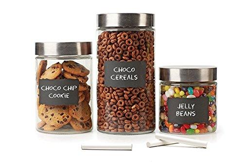 Le'raze Kitchen Clear Glass Chalkboard Canister set, Kitchen Storage Canister Jar for Treats, Cookies, Candy, Chocolate (Set of 3) Airtight Lids with Chalkboard Labels and Chalk - Le'raze by G&L Decor Inc
