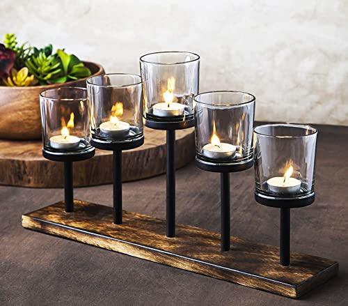 Le'raze Elegant Decorative Votive Candle Holder Centerpiece, 5 Glass Votive Cups On Wood Base/Tray for Wedding, Decoration, Dining Table. - Le'raze by G&L Decor Inc