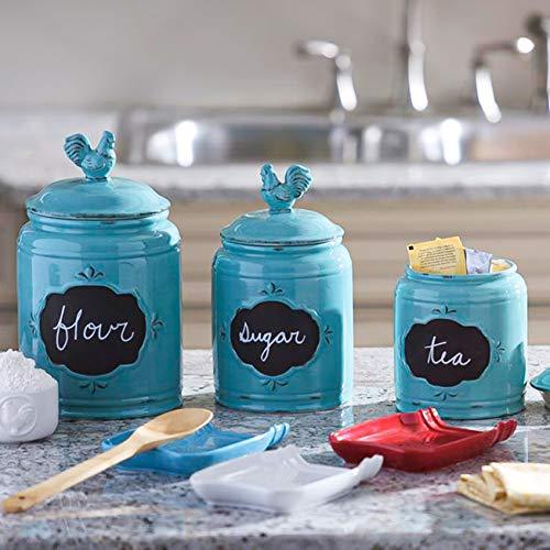 Ceramic Aqua Jar with Rooster Finial Lid & Chalkboard, Single Canister, Classic Vintage Design for Flour, Sugar, Cookies - 62oz. - Le'raze by G&L Decor Inc
