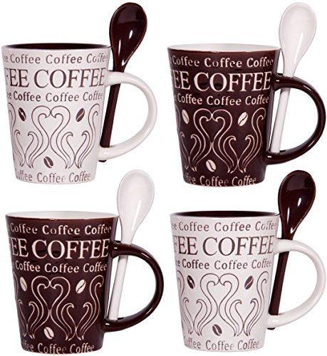 COFFEE AND SWIRL SET OF 4 ASSORTED 10 OZ MUG & SPOON - Le'raze by G&L Decor Inc