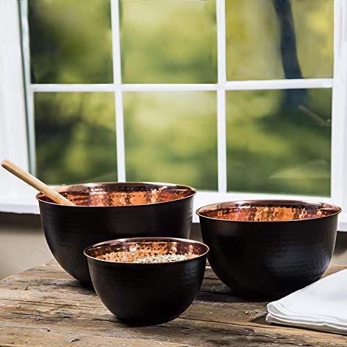 Set Of 3 Piece Hammered Copper Plated Stackable Mixing Bowls, Storage Bowl Set, Hammered Mixing Bowls Black Matte With Copper Interior - Le'raze by G&L Decor Inc