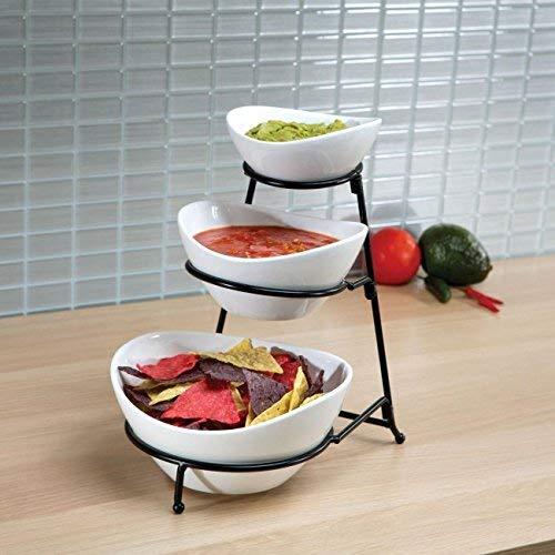 Le'raze Elegant 3 Tiered Chip and Dip Serving Tray With Metal Rack, White Party Food Server Display Set for Dessert And Snack - Le'raze by G&L Decor Inc