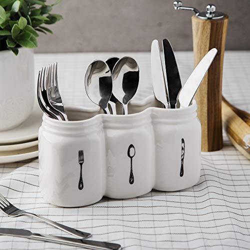 Kitchen Utensil Cutlery Caddy︱Flatware Organizer, Vintage Style Caddy Silverware Holder For Kitchen Countertop Storage, Ceramic Utensil Caddy, Holds Forks, Spoons, Spatula - Le'raze by G&L Decor Inc