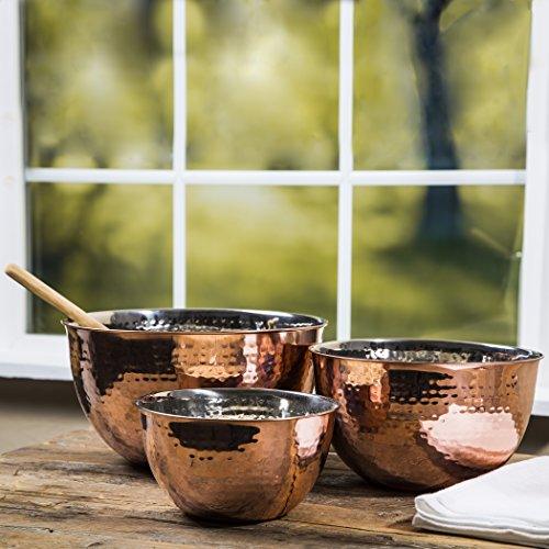 Set Of 3 Copper Hammered Mixing Bowls With Stainless Steel Interior Finish Nesting Bowls, Chef Cookware Set, - Le'raze by G&L Decor Inc