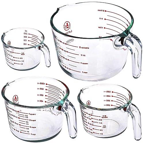 Set of 4 Glass Measuring Cups - Kitchen Mixing Bowl Liquid Measure Cup, Glass Tupperware Bakeware. 1 cup, 2 cup, 4 cup, 8 cup.
