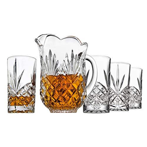 Elegant Crystal Pitcher Drinkware Set with 4 Crystal highball Tumblers, Beautiful Jug with handle and Spout for Chilled Beverage Homemade Juice, Iced Tea or Water - Le'raze by G&L Decor Inc