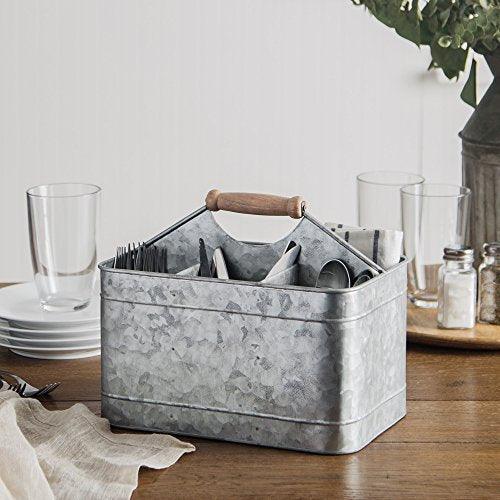 Le'raze All Flatware Caddy Organizer, Galvanized Silverware Kitchen Utensil Holder with Wood Handle - Le'raze by G&L Decor Inc