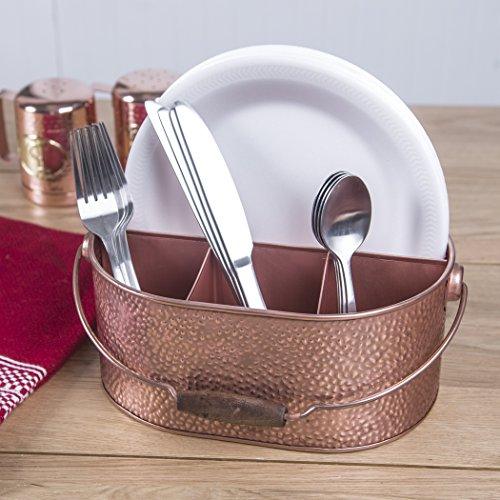 Le'raze Elegant 4-Compartment Kitchen Utensil Holder, Hammered Copper Galvanized Caddy with Wooden Handle for Cutlery Crock, Countertop Organizer - Le'raze by G&L Decor Inc