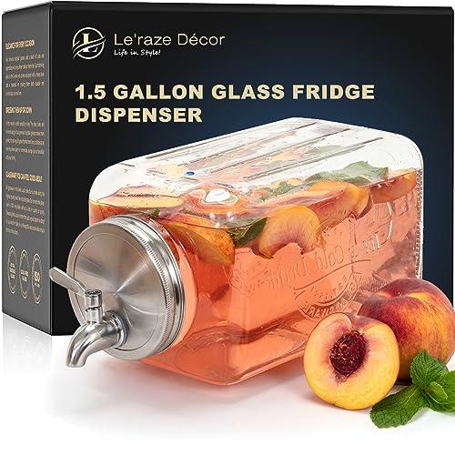 Glass Beverage Dispenser for Parties - 100% Leakproof Stainless Steel Spigot - Drink Dispenser for Fridge, Liquid Laundry Detergent Dispenser, Ice Bucket, Water Dispenser Countertop, 1.5-Gallon Jug - Le'raze by G&L Decor Inc