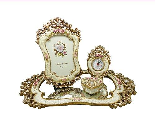 Elegant and Charming 4 Piece Perfume Vanity Set with Pearls Set Includes a Mirrored Tray, Photo Frame, Clock, and Jewelry Box - Le'raze by G&L Decor Inc