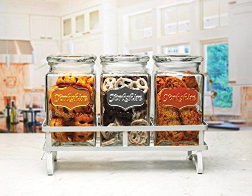 Set of 3 Square Glass Canister Set with Metal Rack, with Tight Lids with 3 Color Metallic Yorkshire Panels, Perfect for Food Storage Jars Kitchen Counter-top Containers - Le'raze by G&L Decor Inc