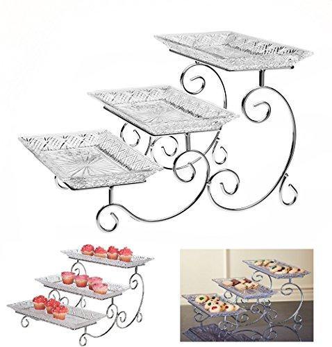 3 Tier Rectangular Serving Platter,Tiered Food Tray Stand, Three Plate Display Cake, Fruit, Snack Server. Dessert Server Stand/Cupcake Tower/Appetizer Serving Tray - Le'raze by G&L Decor Inc