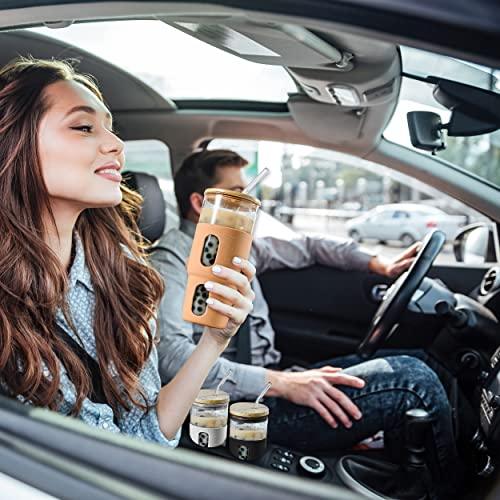32oz Drinking Glass Tumbler with Bamboo Lid and Straw - Silicone Sleeve - Fits Car Cup Holder - Reusable Boba Smoothie Cup, Spill Proof Travel Water Bottle, Iced Coffee Tumbler, BPA Free - Amber. - Le'raze by G&L Decor Inc