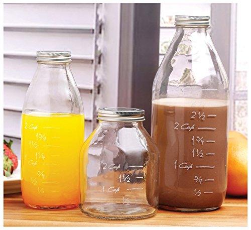 Durable Glass Milk Bottles with Embossed Capacity Measuring Marks, With Metal Twist Lids, Clear Vintage Style Dairy Bottle, Beverage Glassware and Drinkware for Parties, BBQ, Picnics. 33/17/17 oz - Le'raze by G&L Decor Inc
