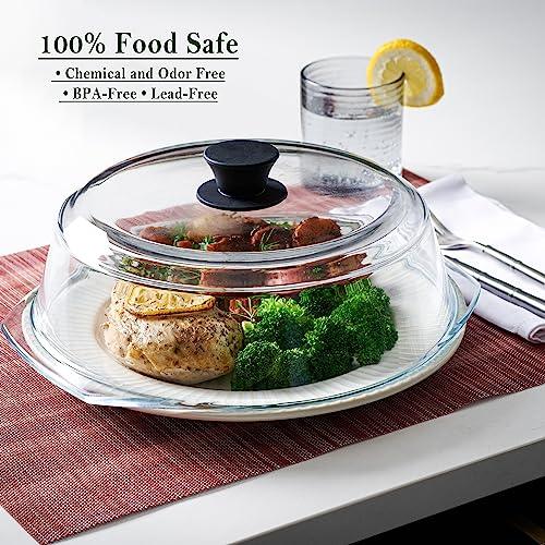 Microwave Glass Plate Cover for Food Vented, Large 12 inch, with Easy Grip Heat Resistant Silicone Handle, Black