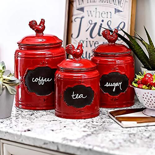 Ceramic Red Canister Set for Kitchen or Bathroom, Food Storage