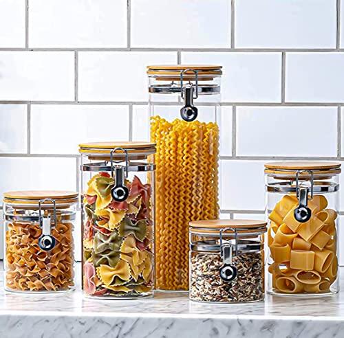 Glass Kitchen Containers with Bamboo Lids, Set of 5 Glass Jars with  Airtight Wood Lids for Pantry Organization and Storage, Suit for Flour and  Suger