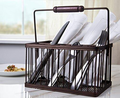 Kitchen Supply Utensil [Caddy] Cutlery Organizer, Holds Napkins, Forks, Spoons, Spatula, With Wood handle for Easy Carrying to Your Dinning Table, Backyard or Patio - Vintage Style - Le'raze by G&L Decor Inc