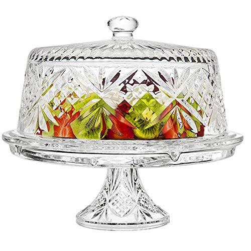 Godinger 4 in 1 Cake Stand and Serving Plate Platter with Dome Cover, Multi-Purpose Use - Dublin Crystal Collection - Le'raze by G&L Decor Inc