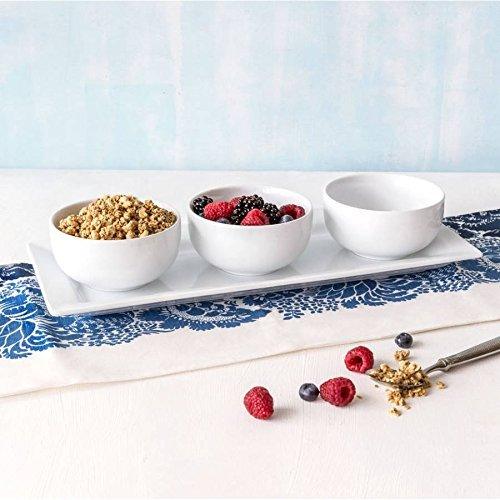 Elegant Pure White Porcelain 3 Mini Bowls Server with Oblong Relish Tray, Buffet Server for Candy, Nuts and Dips. Dip and Condiment Server - Le'raze by G&L Decor Inc