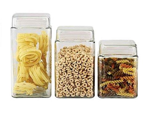 Kitchen Glass Canister Set, Clear With Air Tight Seal Lids for Bathroom or Kitchen, Set of 3 Square Flour And Sugar Storage Jars Containers - Le'raze by G&L Decor Inc