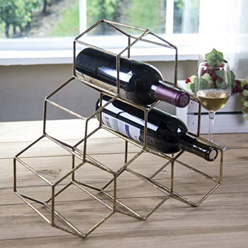 Metallic Hexagon Wine Bottle Holder Rack - 14" H 6 Bottle Countertop Free-Stand Metal Wine Rack - Antique Gold - Le'raze by G&L Decor Inc