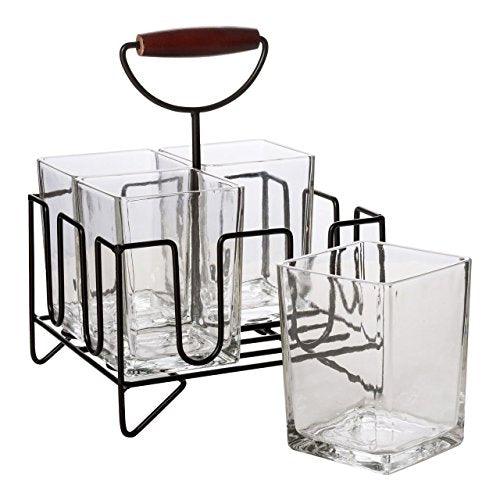 Home & Kitchen Glass 4 Compartment Utensil Flatware Cutlery Caddy Holder with Wooden Handle. For Utensil, Spatula, Silverware Holder for Kitchen Countertop Storage,Flower Vase Centerpiece - Le'raze by G&L Decor Inc