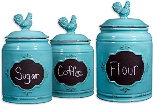 Set of 3 Durable Blue Chalkboard Rooster Canister Set with Tight Lids for Kitchen or Bathroom, Food Storage Containers, Ceramic,Aqua, - Le'raze by G&L Decor Inc
