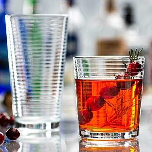 Le'raze Set of 8 Heavy Base Ribbed Durable Drinking Glasses Includes 4 Cooler Glasses (17oz) and 4 Rocks Glasses (13oz), Clear Glass Cups - Elegant Glassware Set - Le'raze by G&L Decor Inc