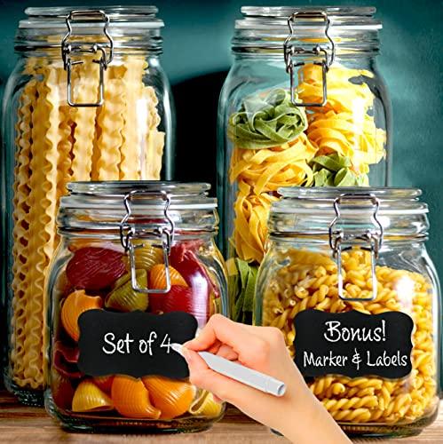 Glass Food Storage Jars with Airtight Lids - 4 Pack Square Mason Jars Kitchen Canisters, Cookie Jar with Clamp Lid, 2-78oz, 2-34oz + Chalkboard & Marker, Flour, Sugar, Coffee, Cereal, Pasta, Canning - Le'raze by G&L Decor Inc