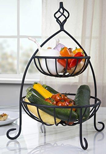 Decorative 2 Tier Fruit Basket, Bread Basket Black Metal Rack, Decorative Kitchen Countertop Two-Tier Wrought-Iron Fruit Basket Display - Le'raze by G&L Decor Inc