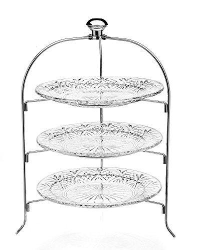 3 Tier Round Serving Platter, Three Tiered Cake Tray Stand, Food Server Display Plate Rack, Crystal Clear, with Silver Stand, Dessert Server Stand/Cupcake Tower/Appetizer Serving Tray - Le'raze by G&L Decor Inc