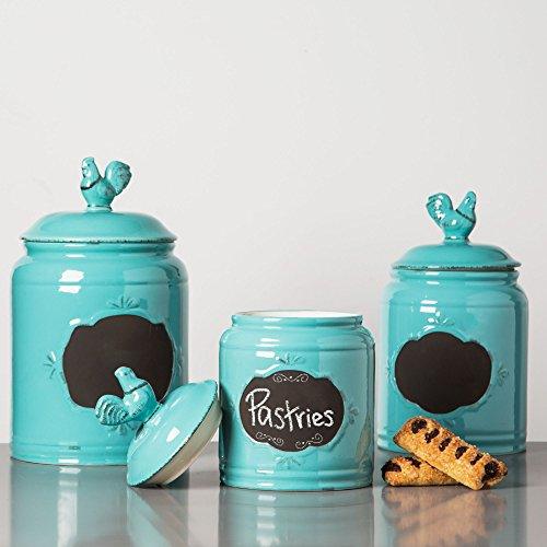 Set of 3 Blue Chalkboard Rooster Canisters – Durable Kitchen Canister Set with Tight Lids for Food Storage and Organization – Ceramic - Le'raze by G&L Decor Inc