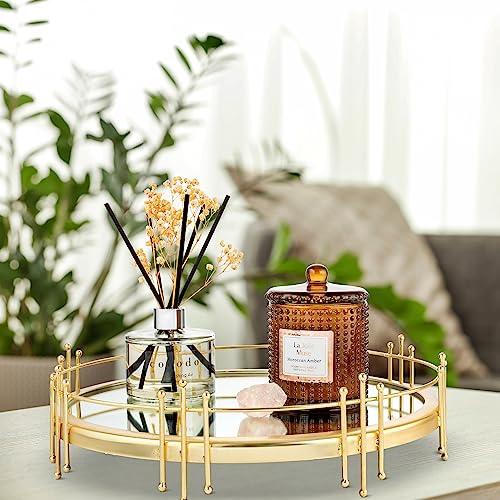 Beautiful Gold Mirrored Tray with Side Rails and Legs, Elegant Round Stainless Steel Vanity Mirror Tray with Side Bars Symmetrical Design, Makes A Great Bling Gift - Le'raze by G&L Decor Inc