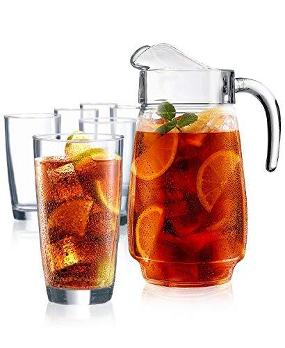 Glass Pitcher Drinkware Set with 6 Highball Tumblers, Beautiful Jug wi ...